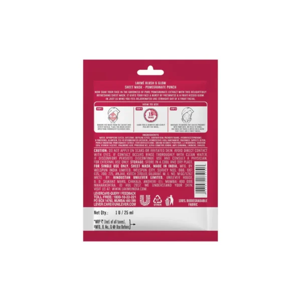 Lakme Blush And Glow Sheet Mask Pomegranate Punch (25ml) - Image 2