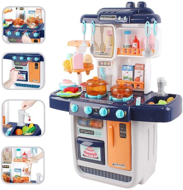 ‘My Little Chef’ Miniature Kitchen Play Set with 34 Accessories, Induction Hob, Water, Light and Sound Features (BLUE) - Image 3